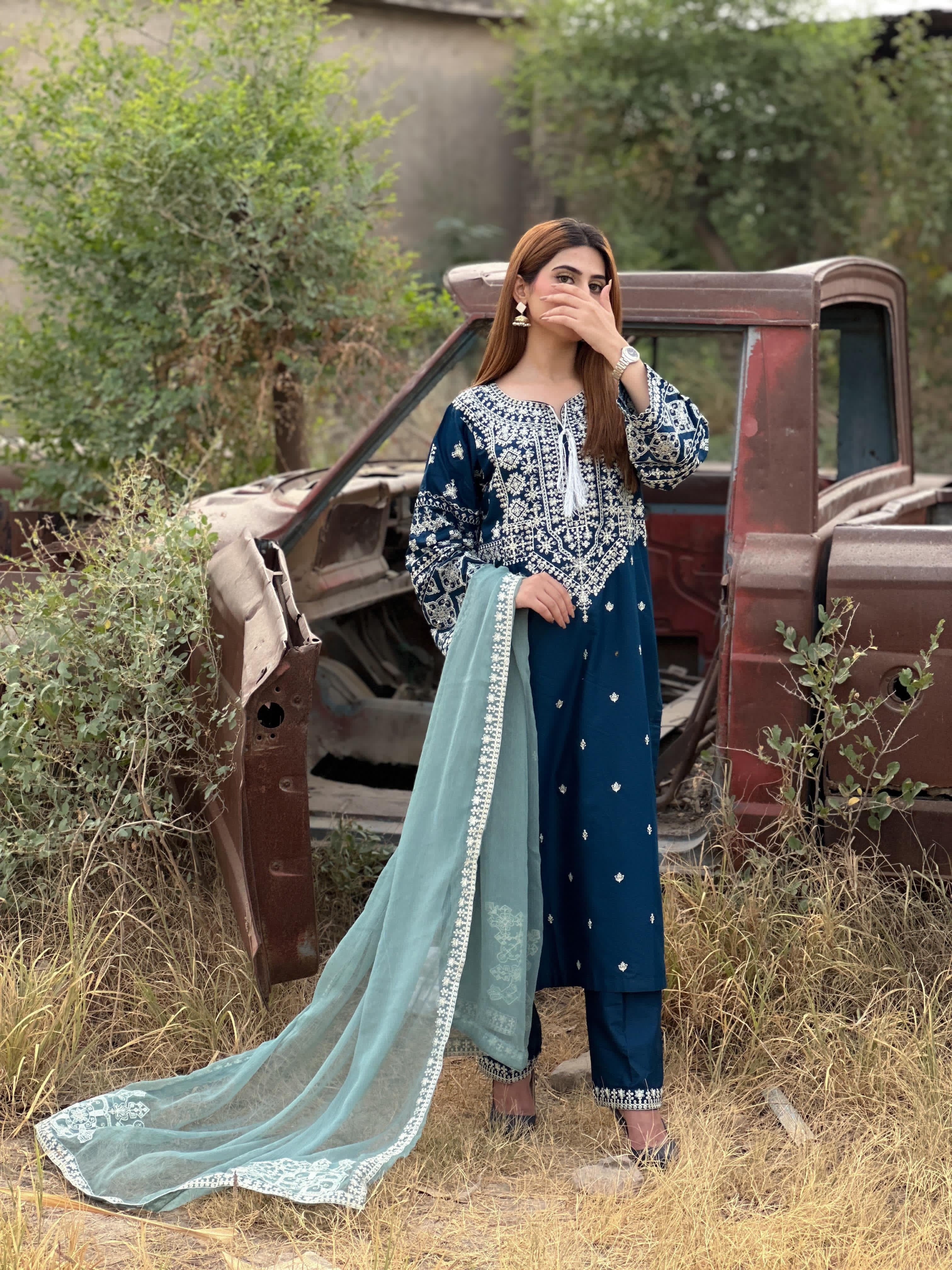 Dastan embroidered 3 pc teal