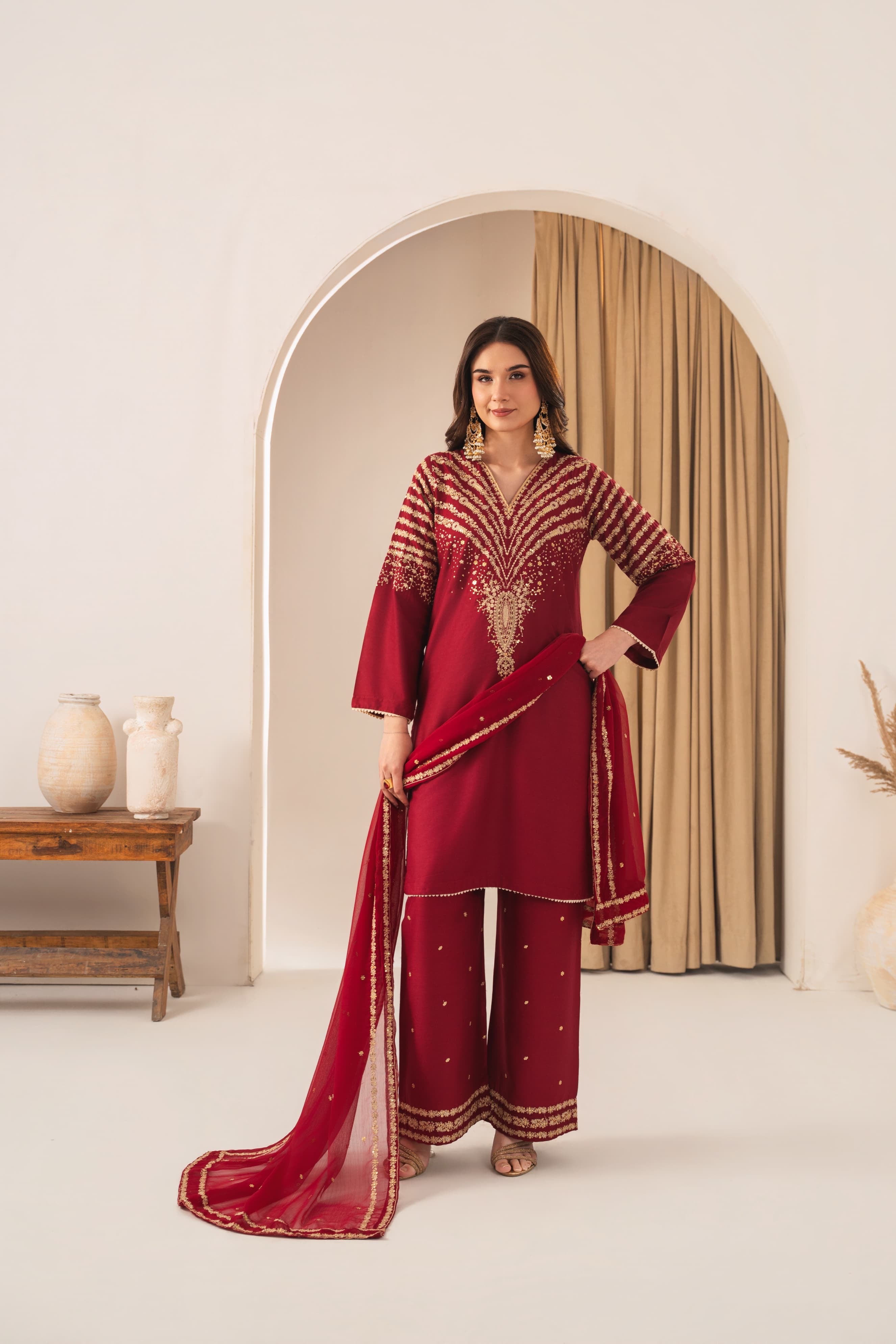 PEACOCK embroidered 3 pc Meroon – visionbabz