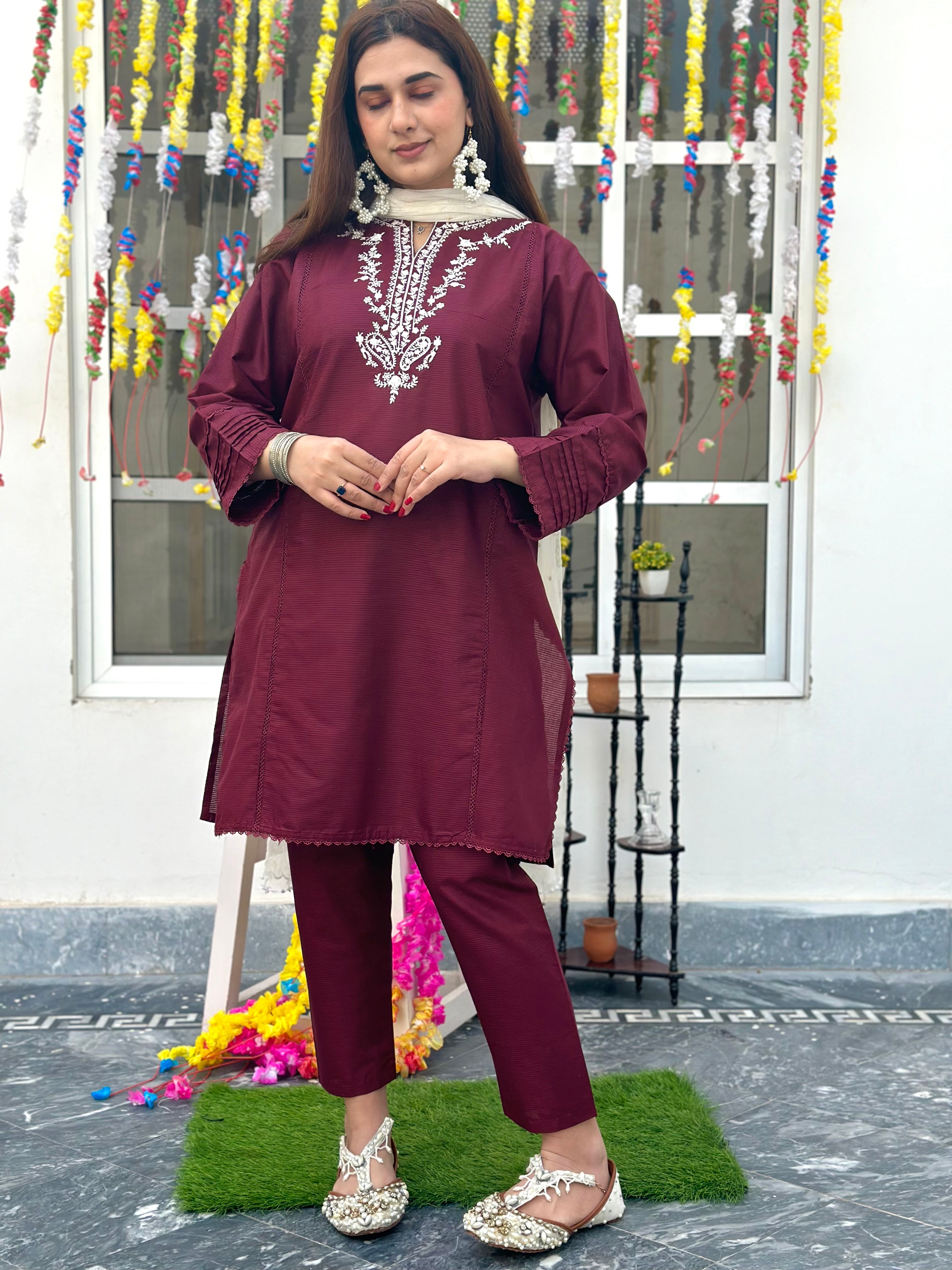 Eid hand embroidered solid 2 piece Meroon