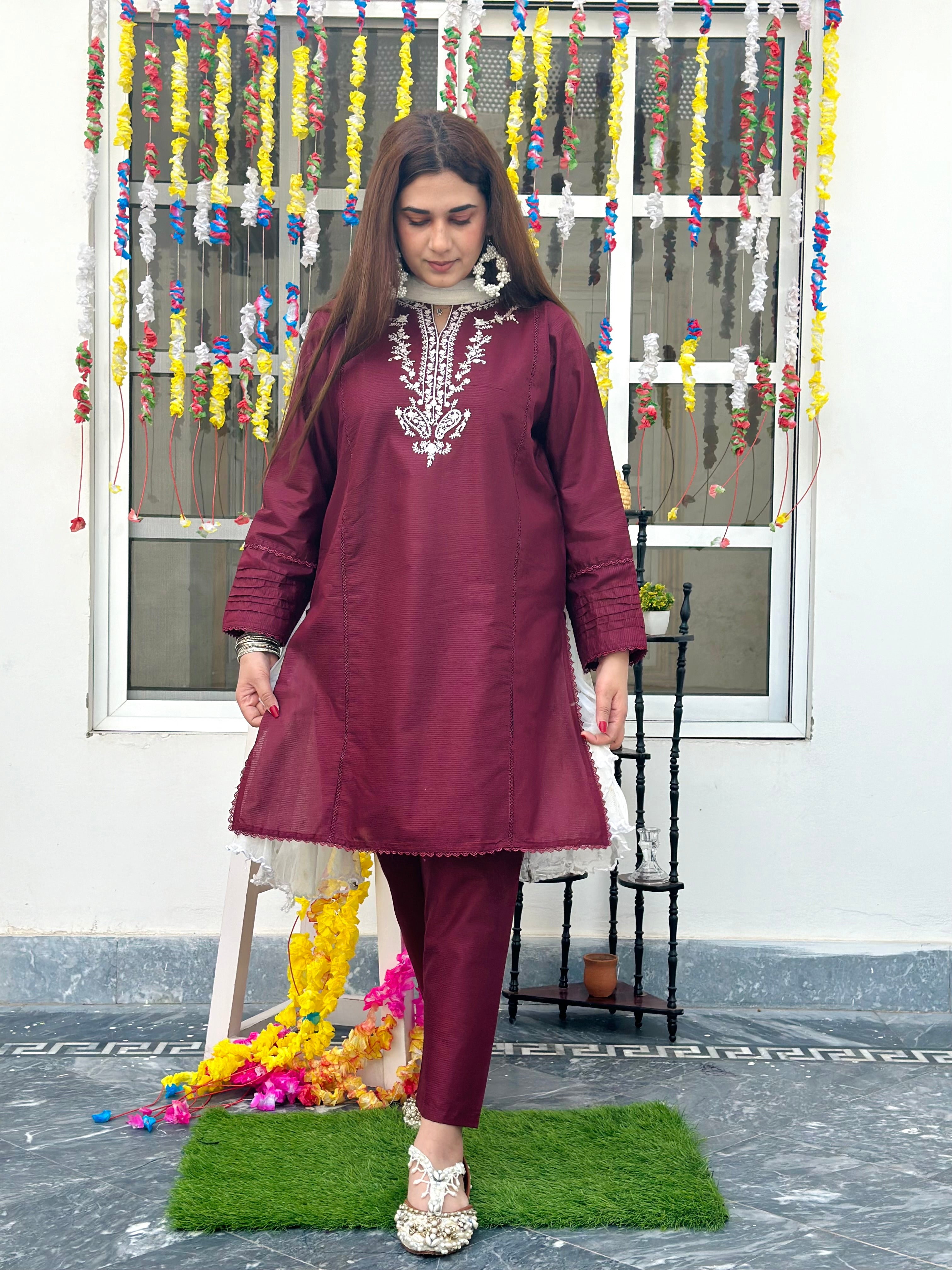 Eid hand embroidered solid 2 piece Meroon