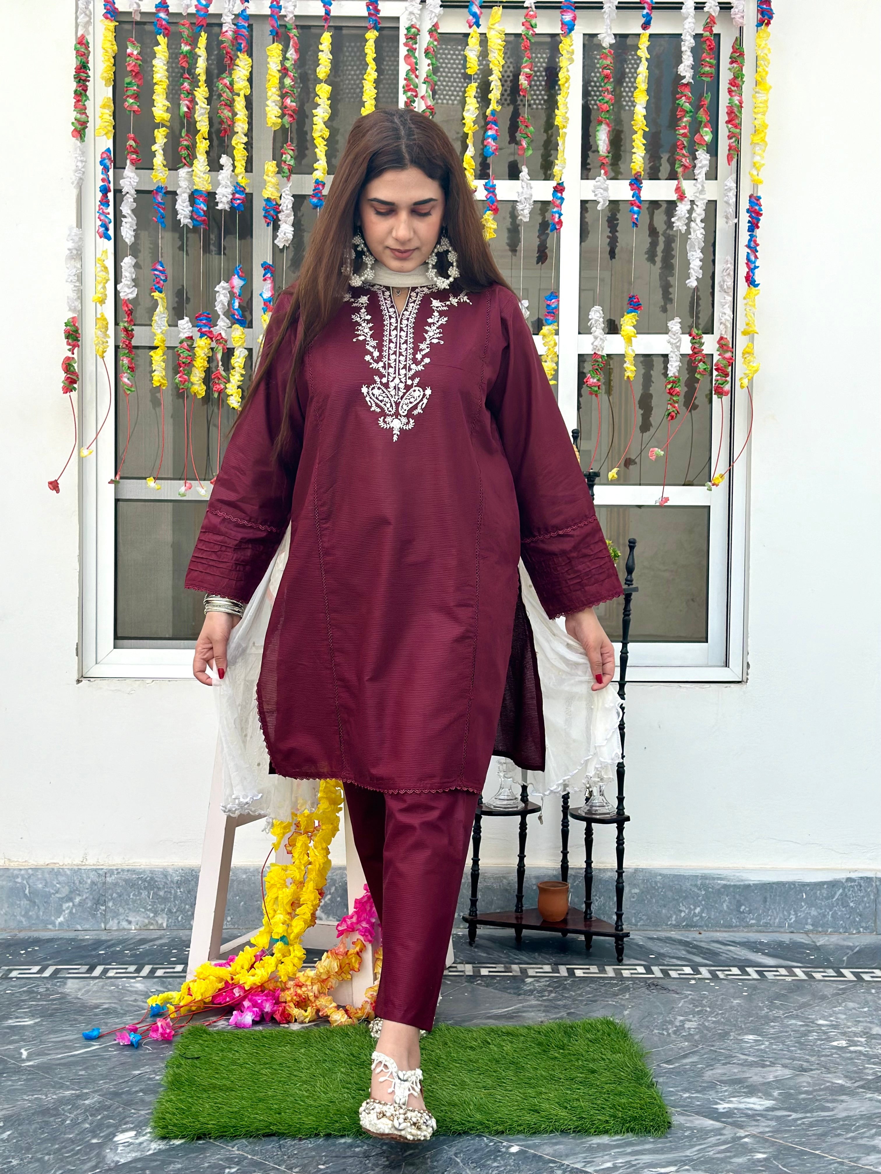 Eid hand embroidered solid 2 piece Meroon