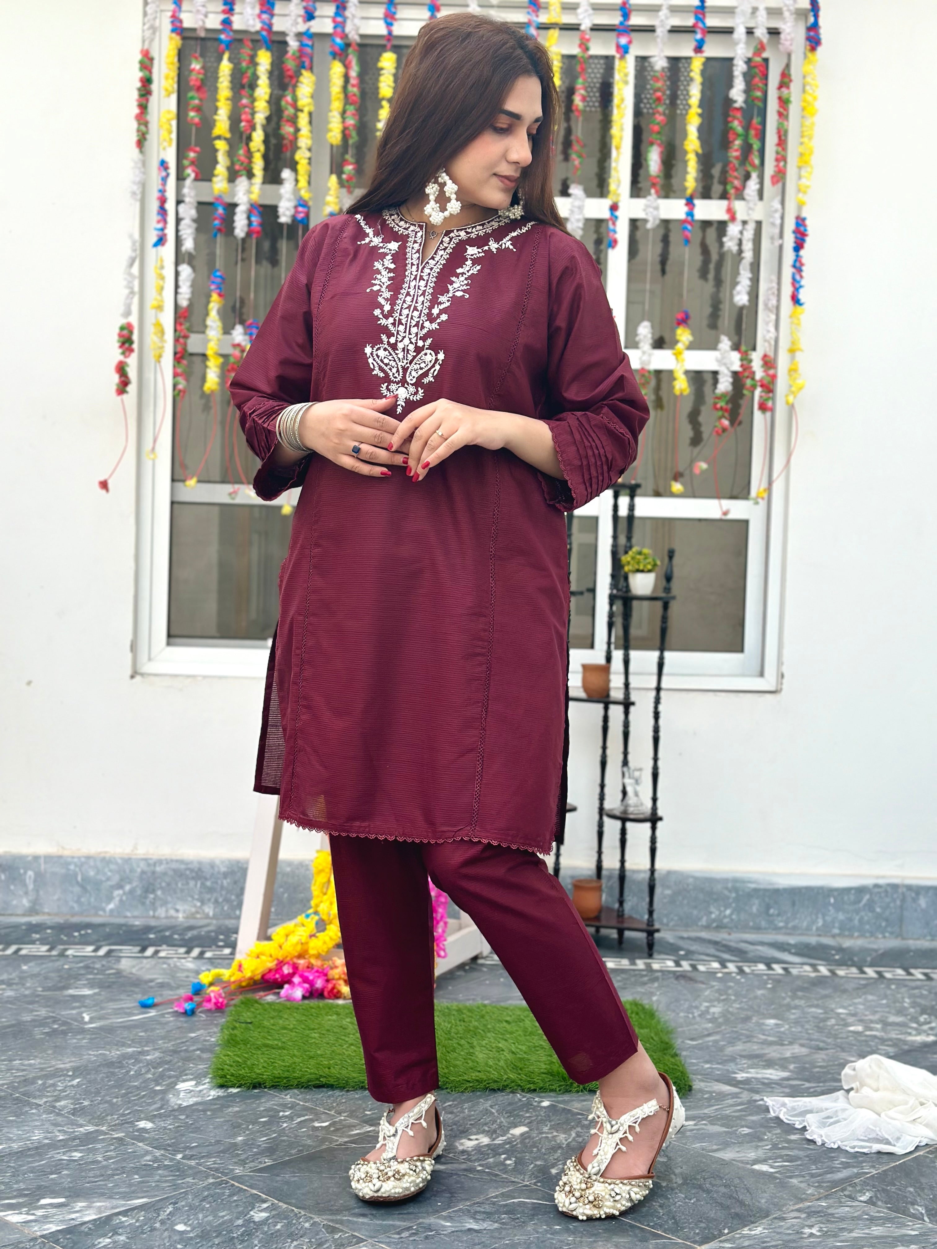 Eid hand embroidered solid 2 piece Meroon