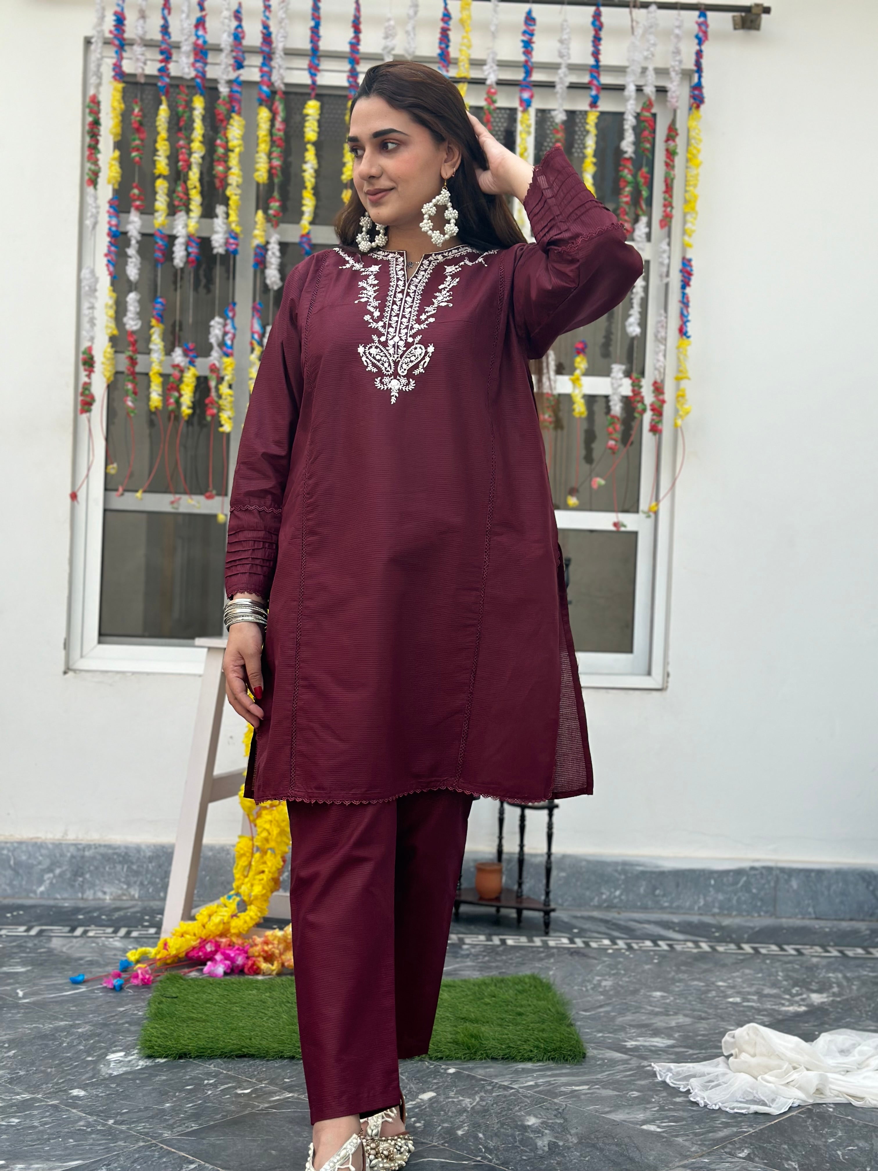 Eid hand embroidered solid 2 piece Meroon