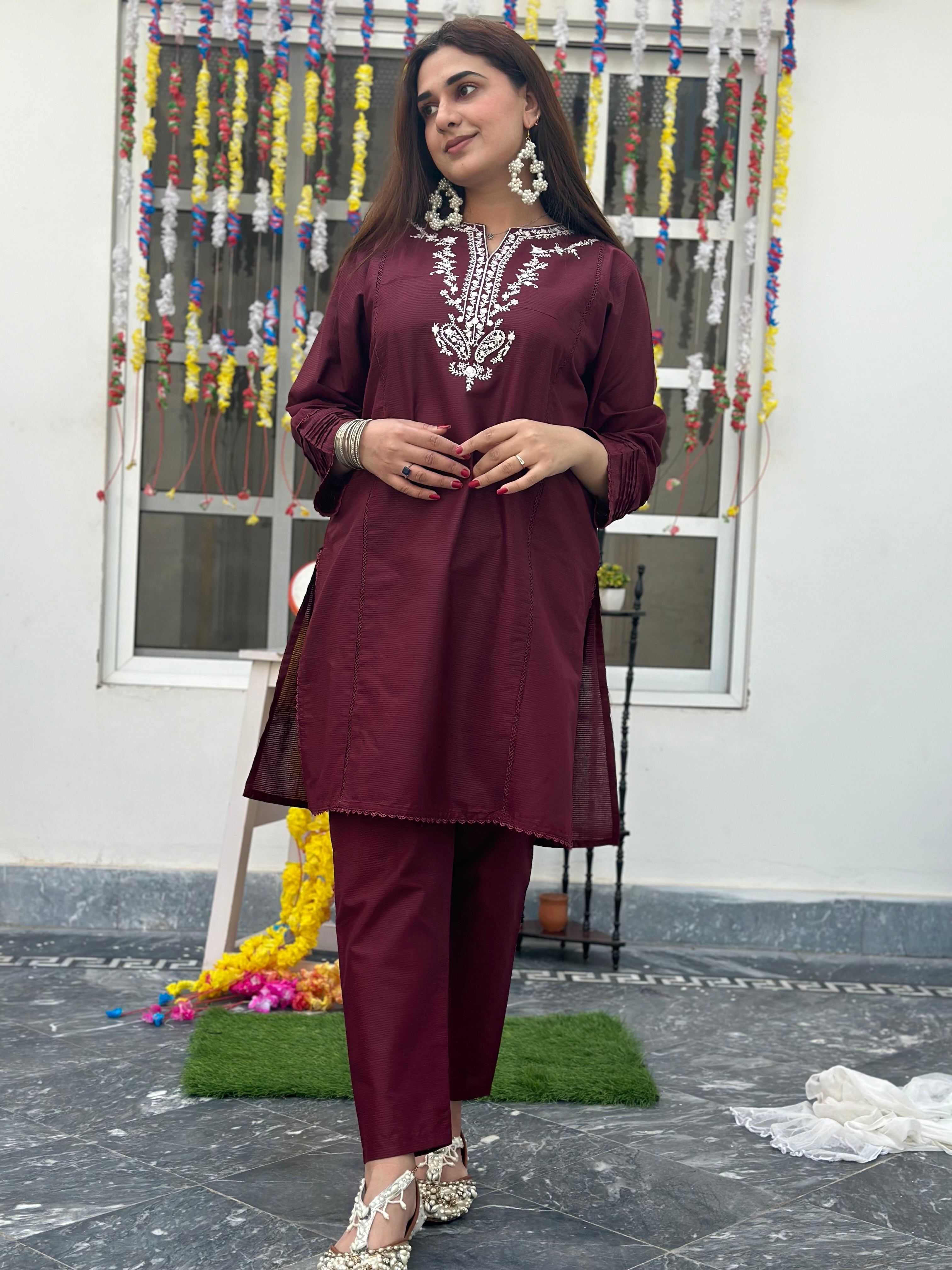 Eid hand embroidered solid 2 piece Meroon