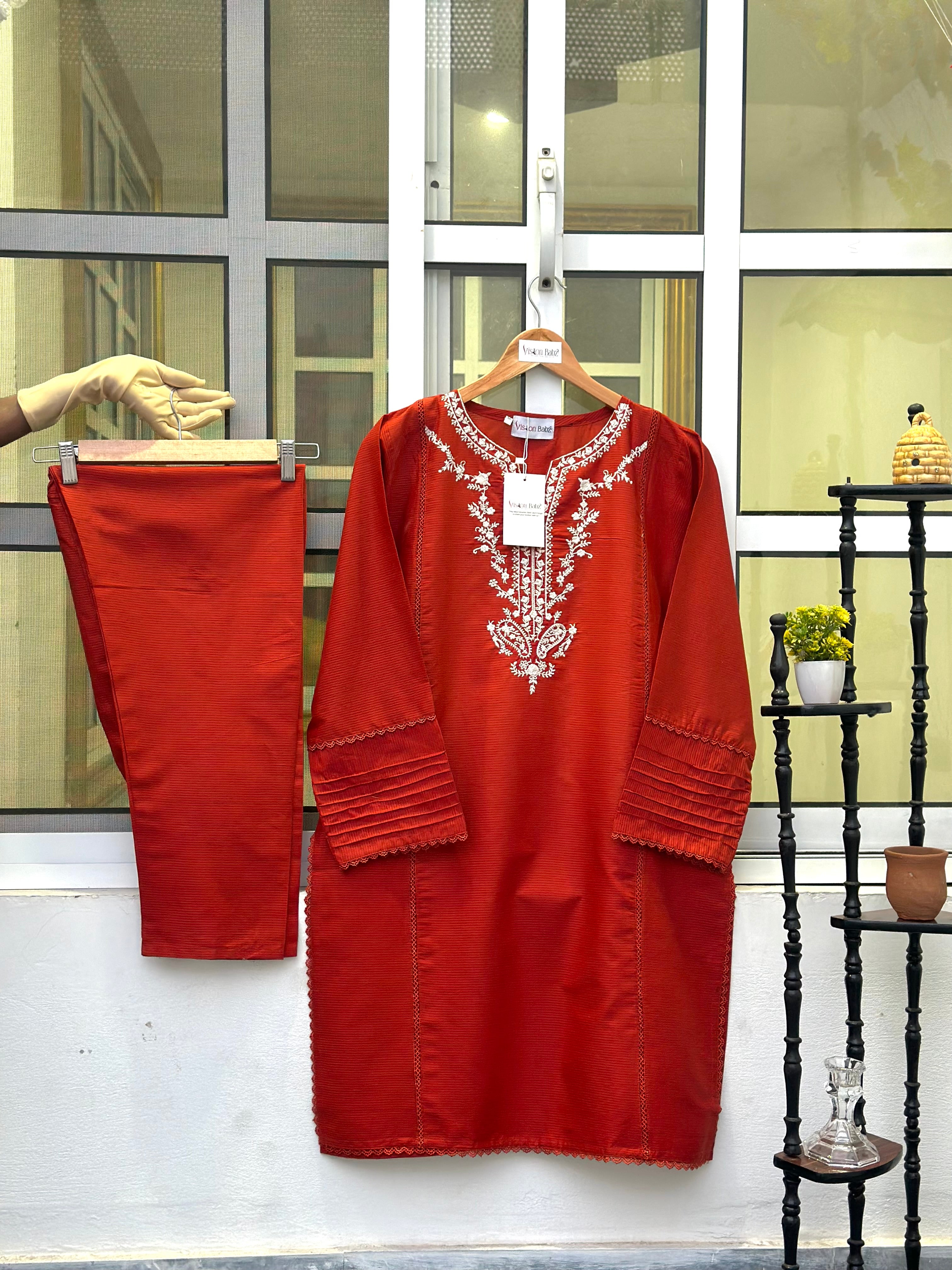 Eid hand embroidered solid 2 piece rust