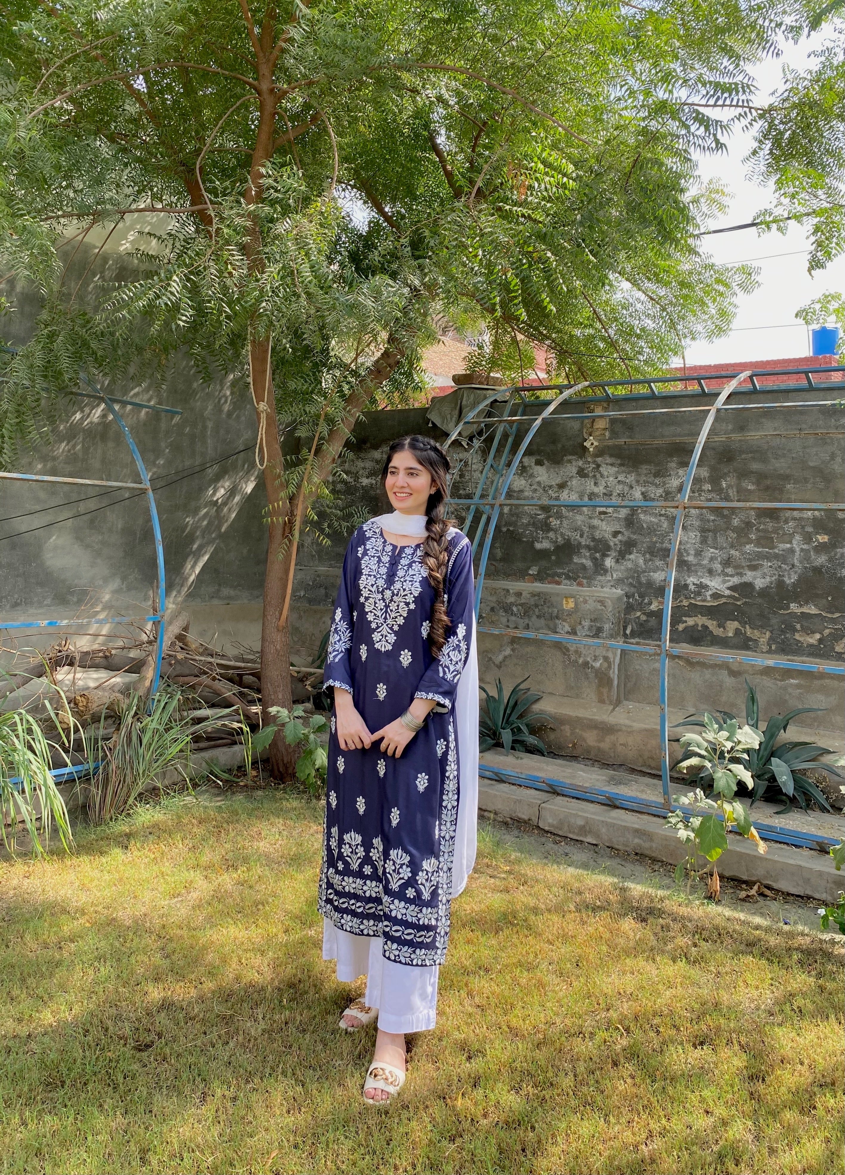 Indian chikan kari kurta navy blue