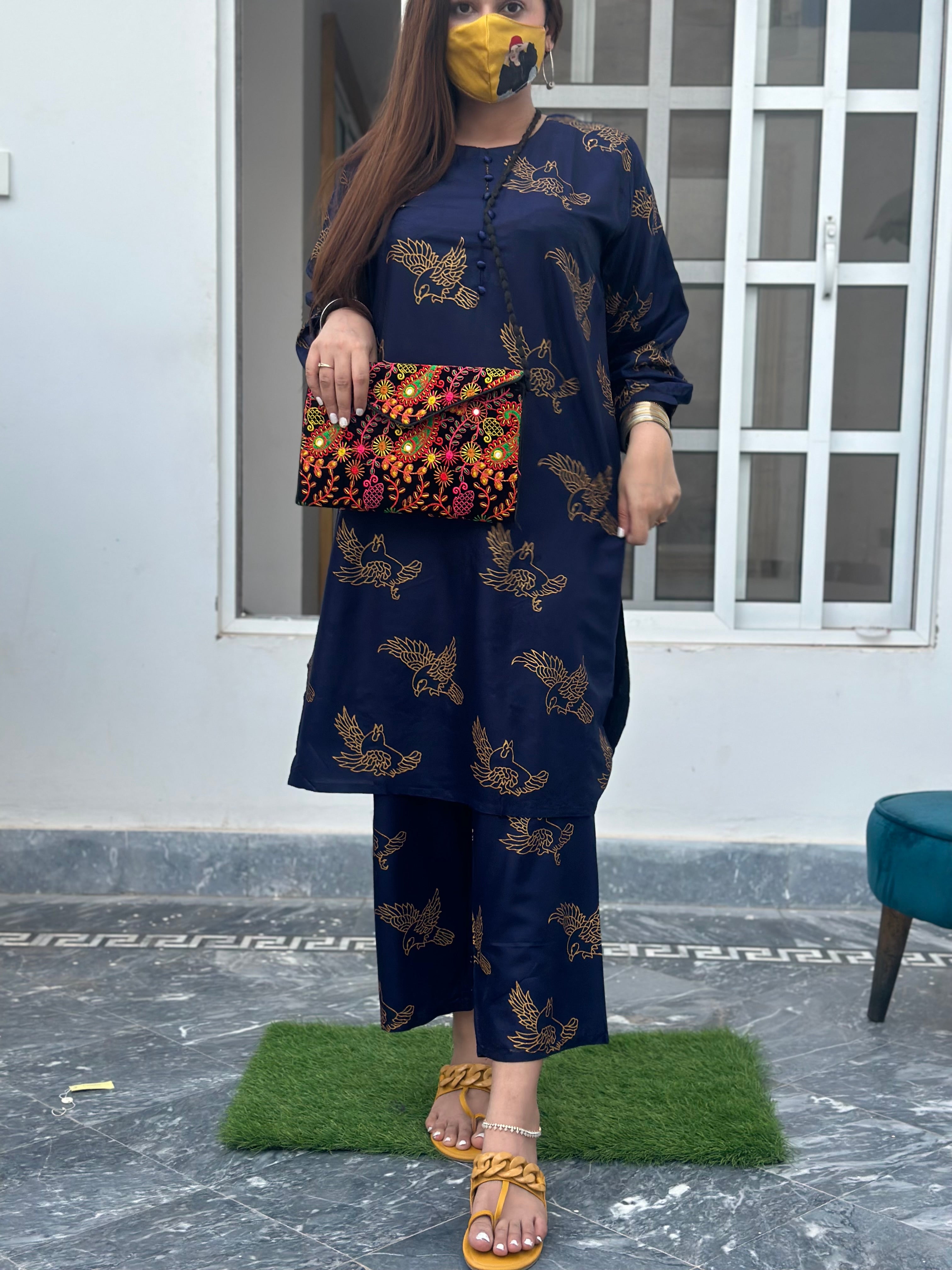 Two piece stitched bird printed navy blue