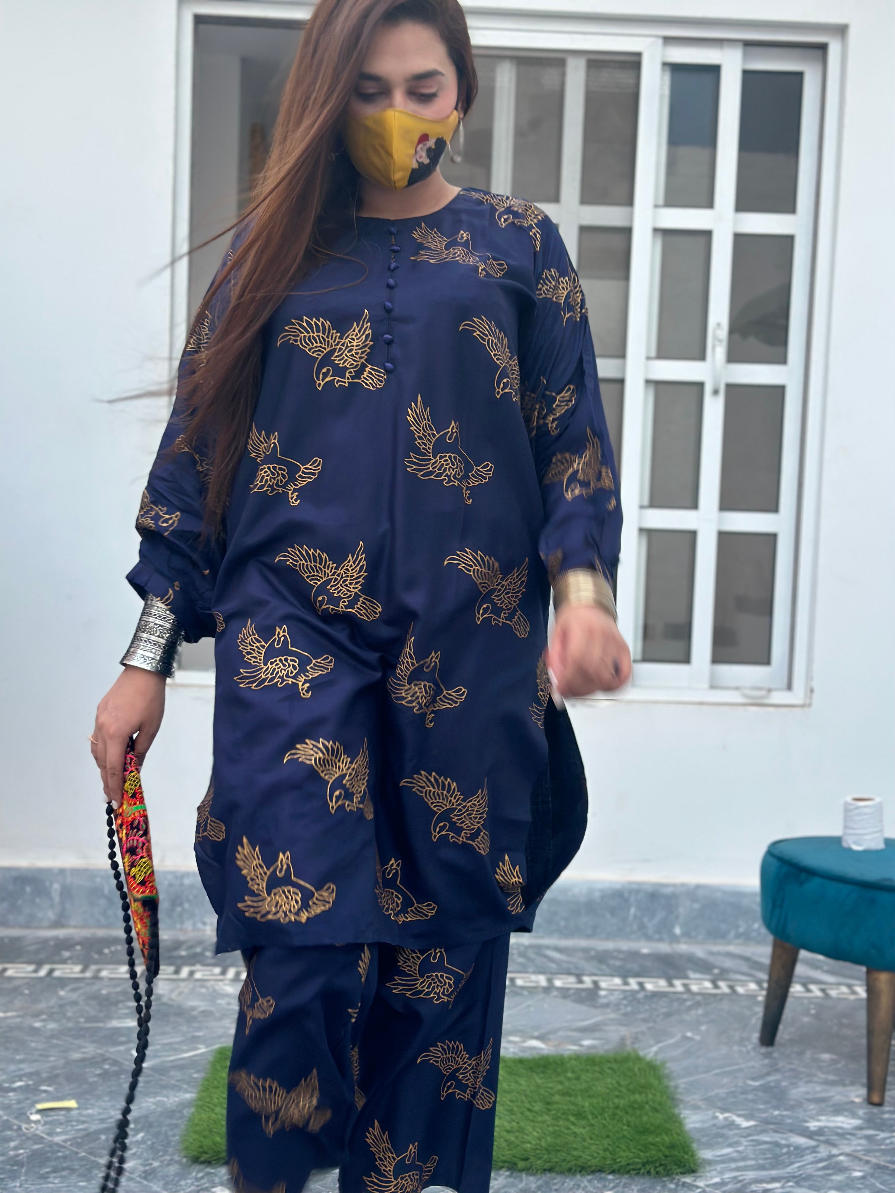 Two piece stitched bird printed navy blue