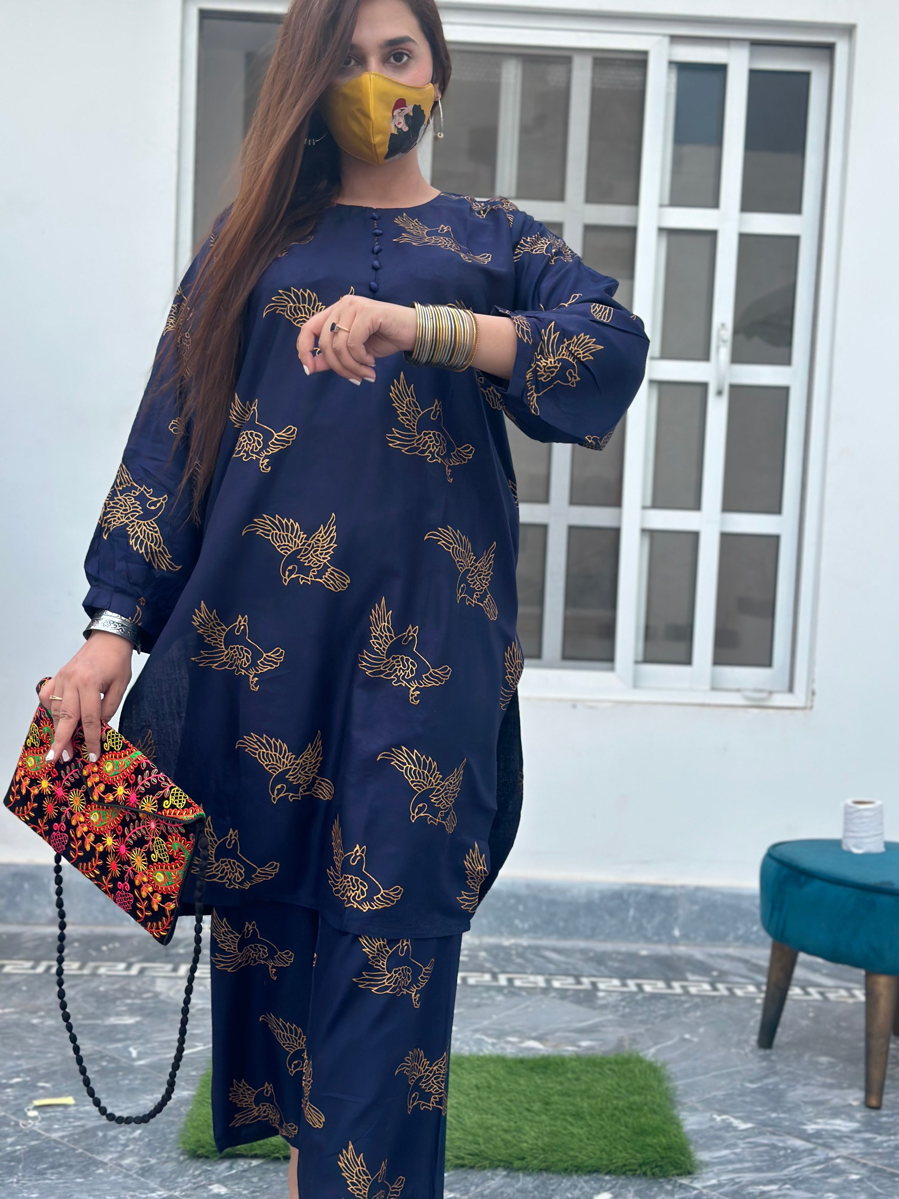 Two piece stitched bird printed navy blue