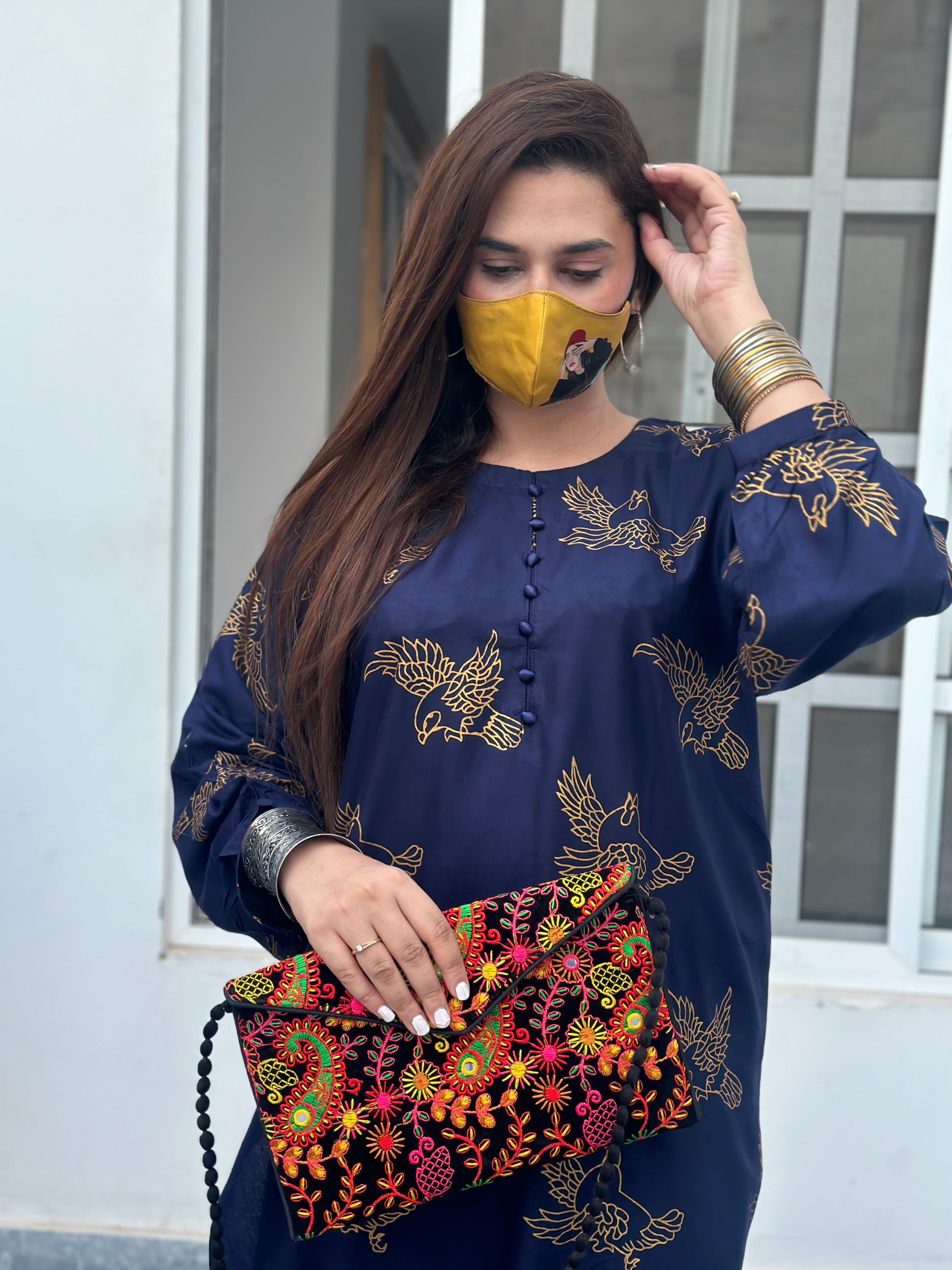 Two piece stitched bird printed navy blue