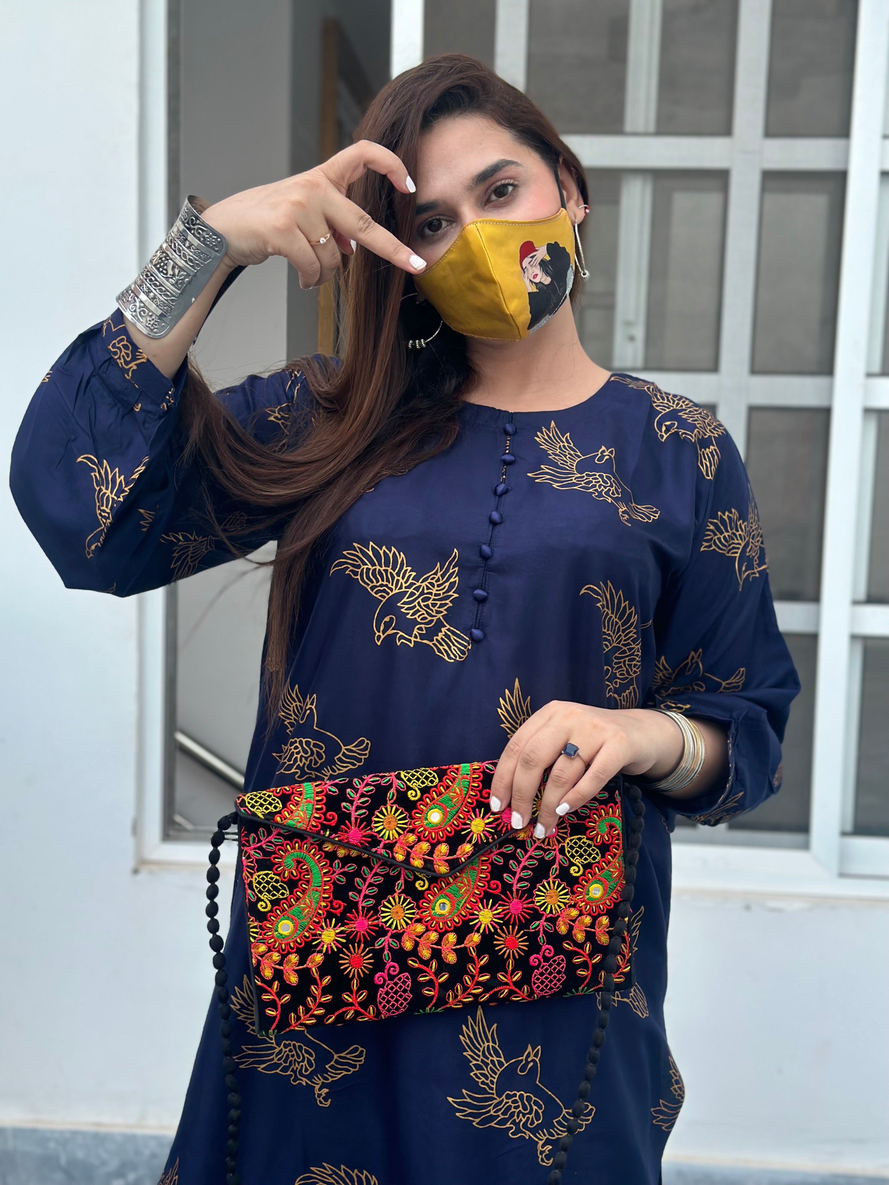 Two piece stitched bird printed navy blue