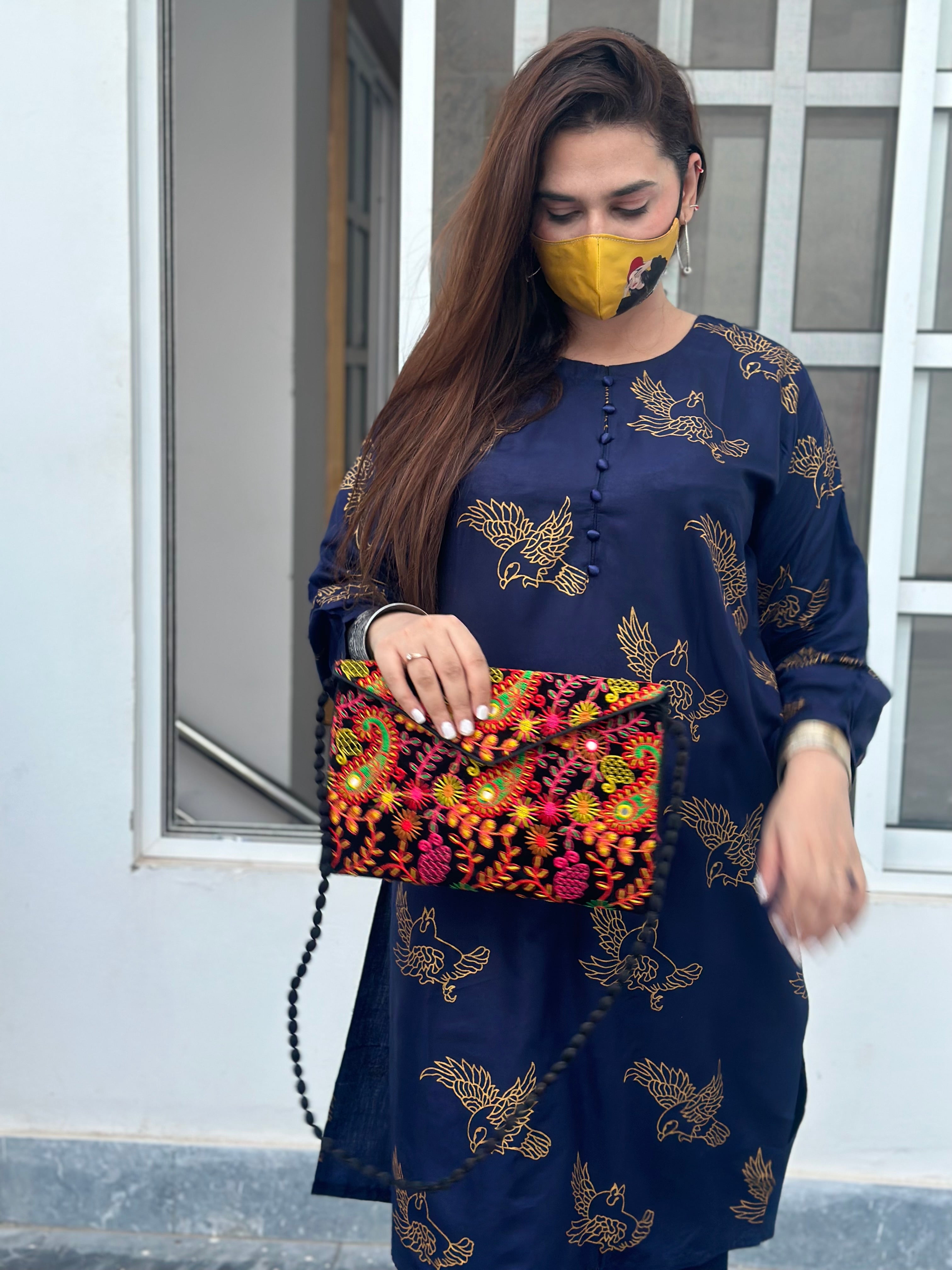 Two piece stitched bird printed navy blue