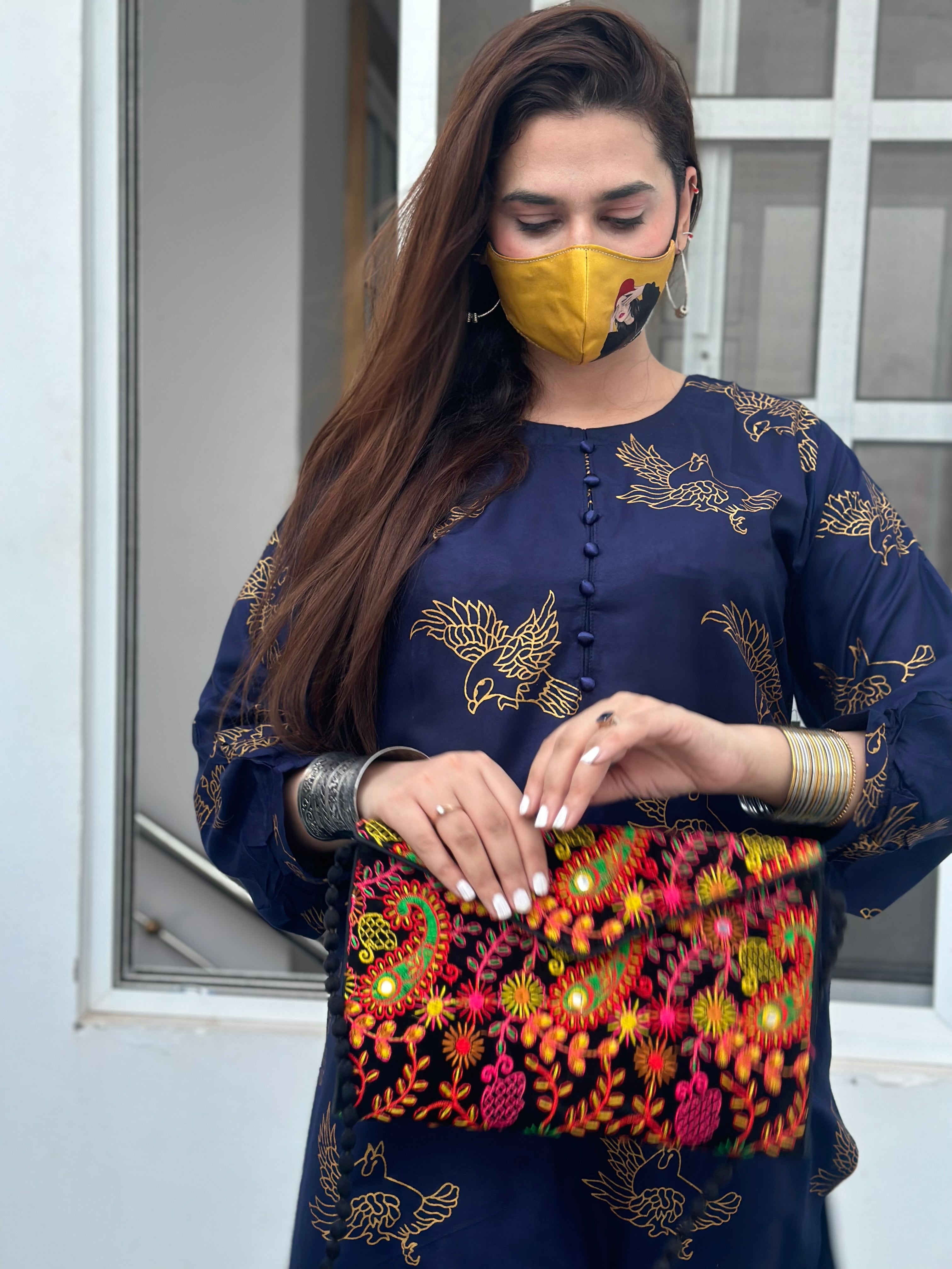 Two piece stitched bird printed navy blue