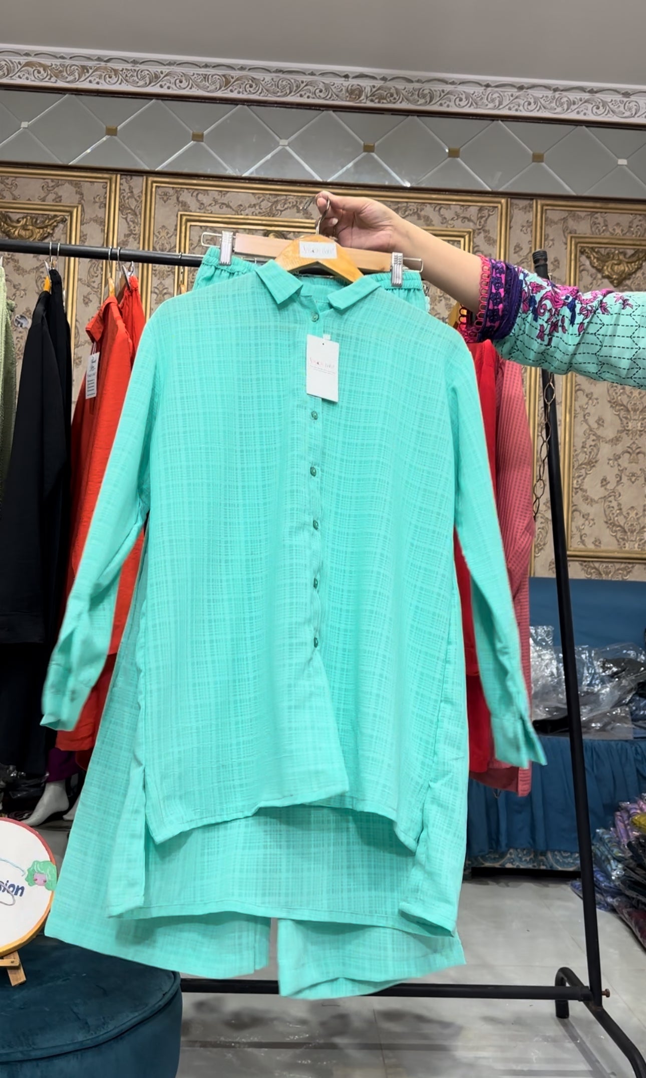 Basic solid button down Co ord sea green