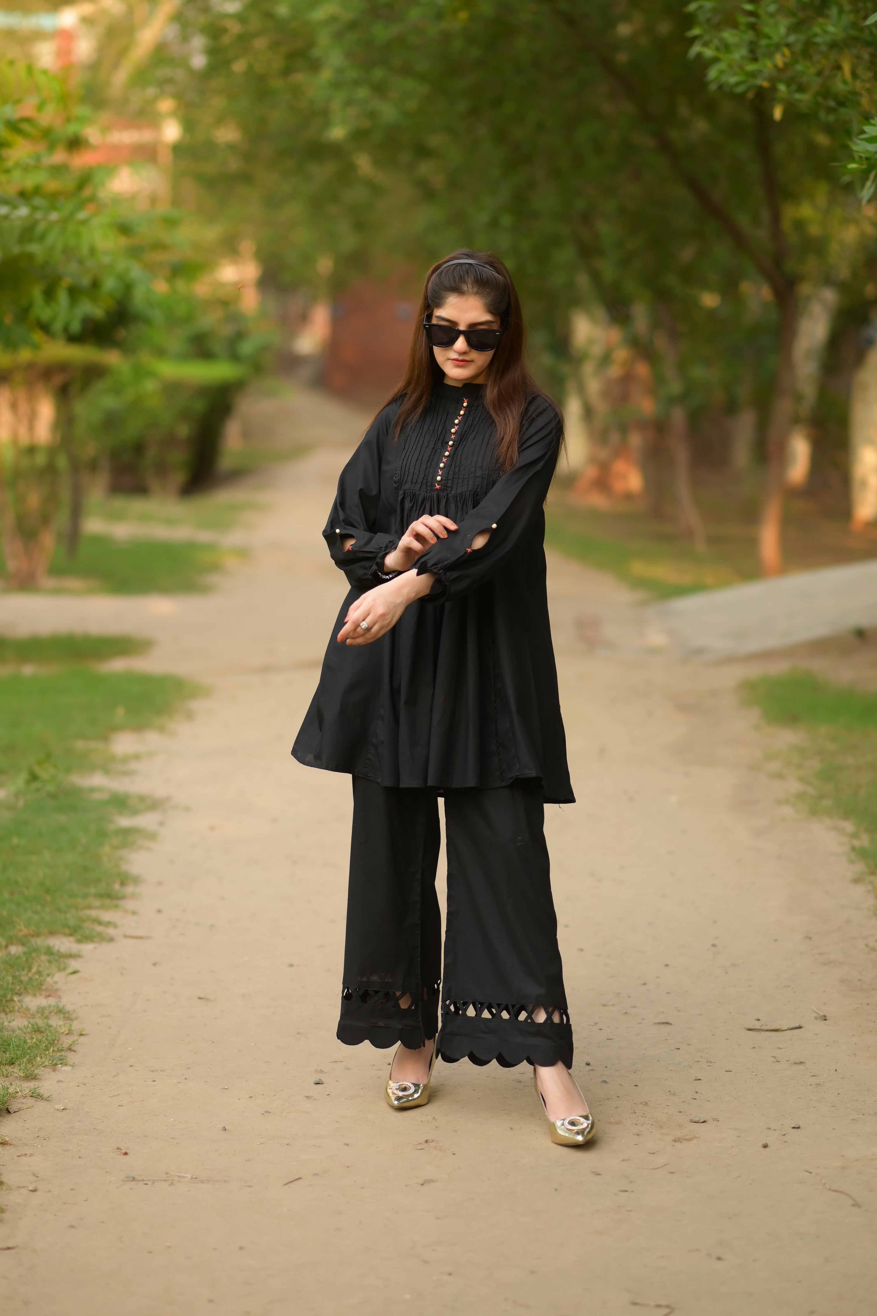 Kastoori black 2 piece frok and plazo winter khaddar