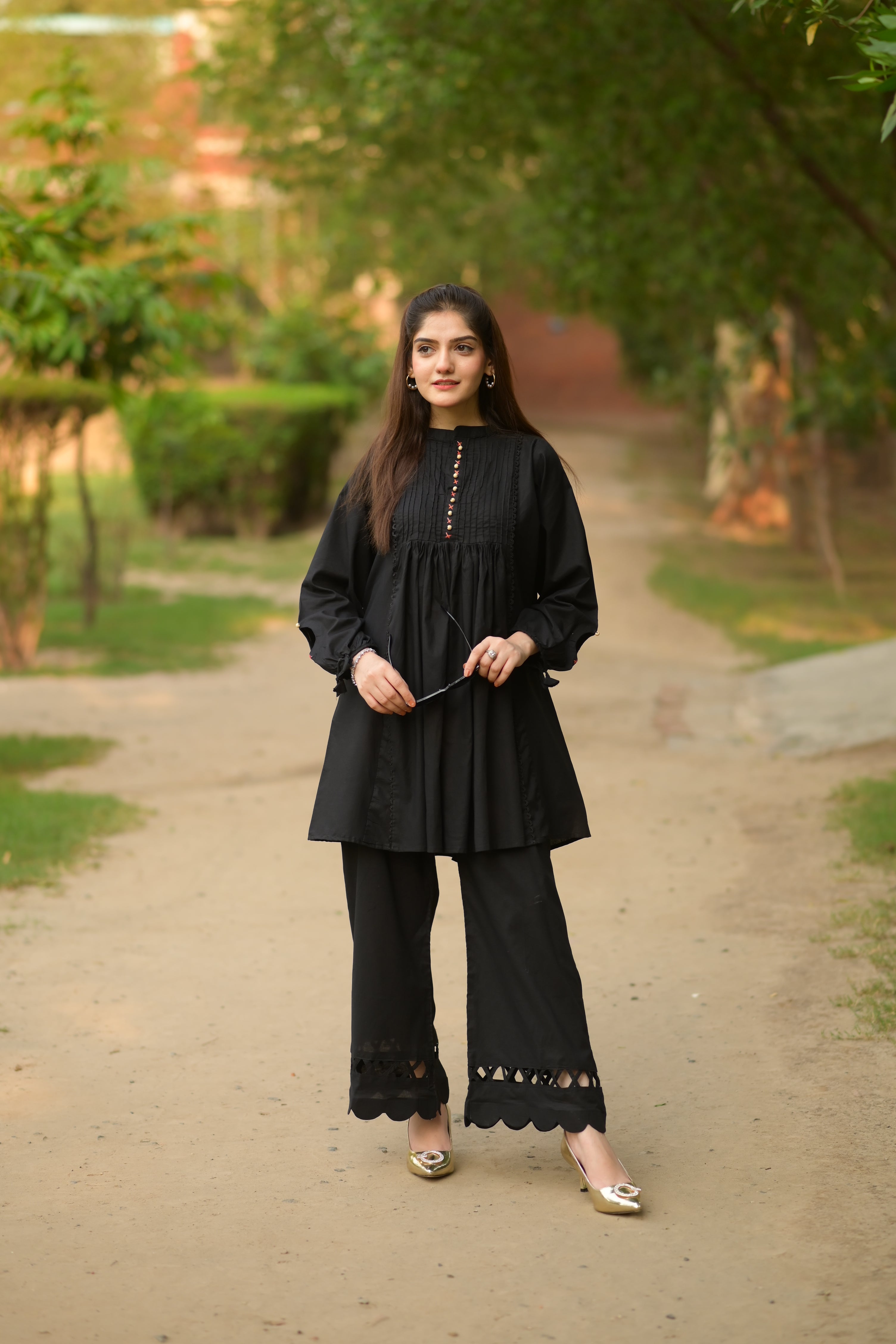 Kastoori black 2 piece frok and plazo winter khaddar