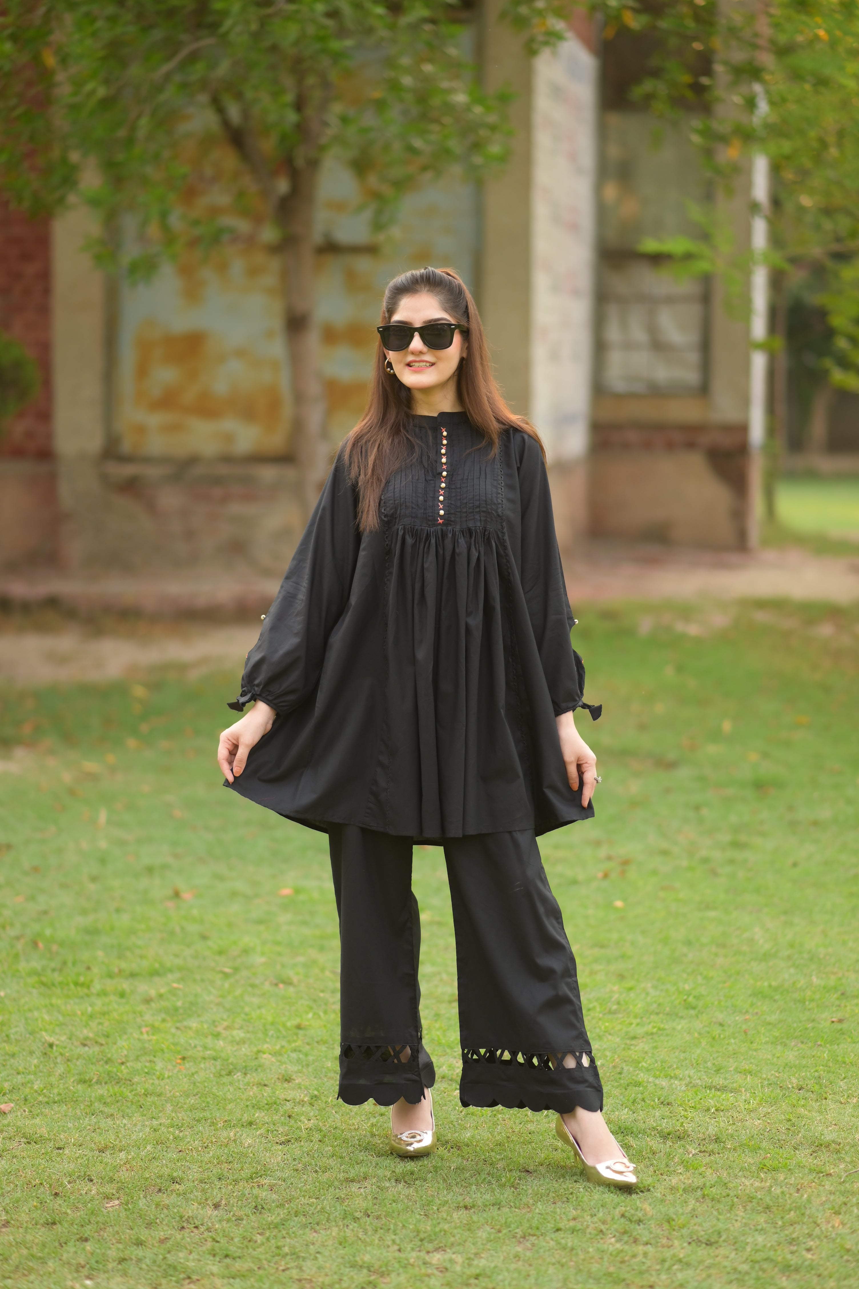 Kastoori black 2 piece frok and plazo winter khaddar