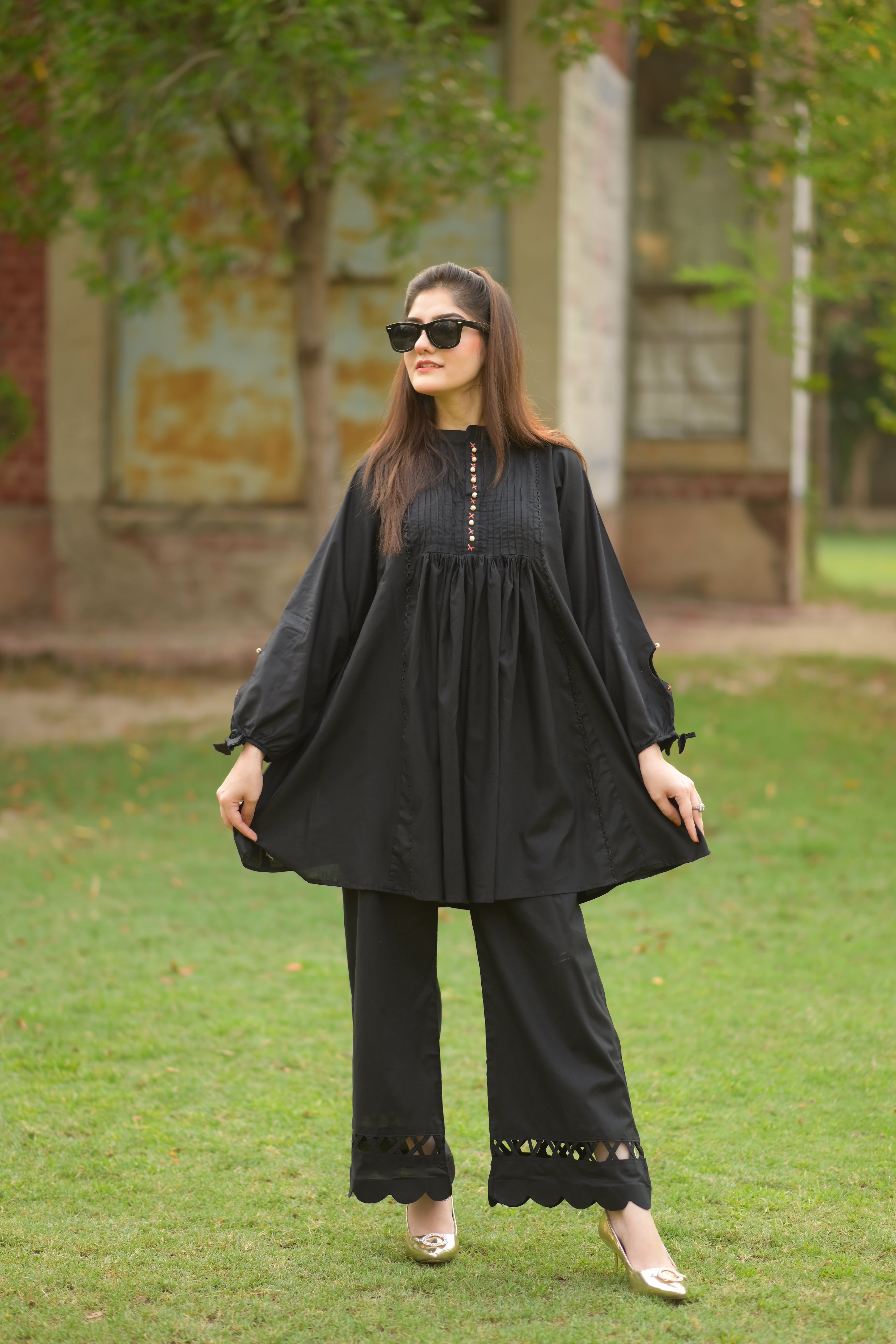 Kastoori black 2 piece frok and plazo winter khaddar