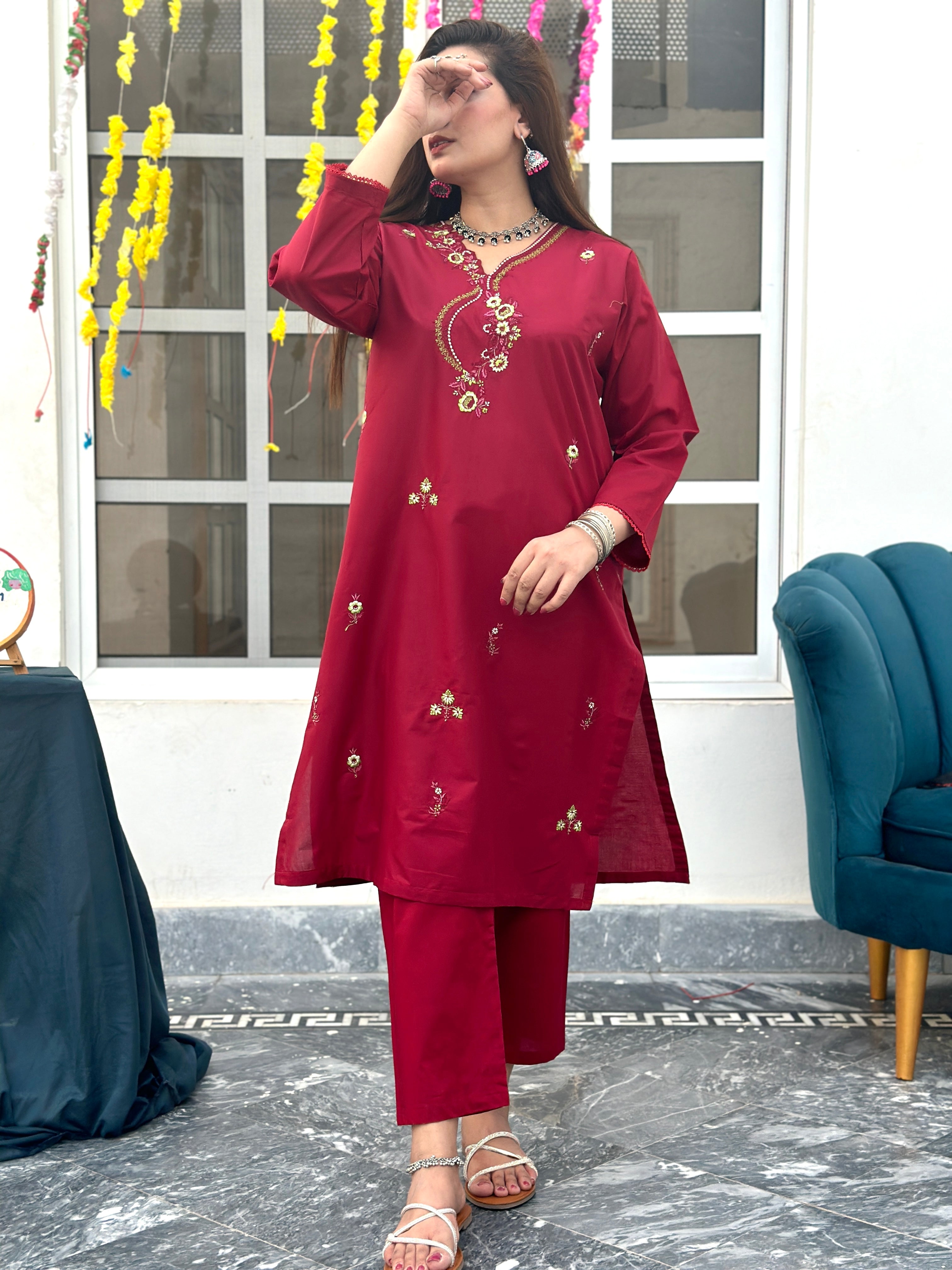 Geet long length embroidered Co ord Meroon