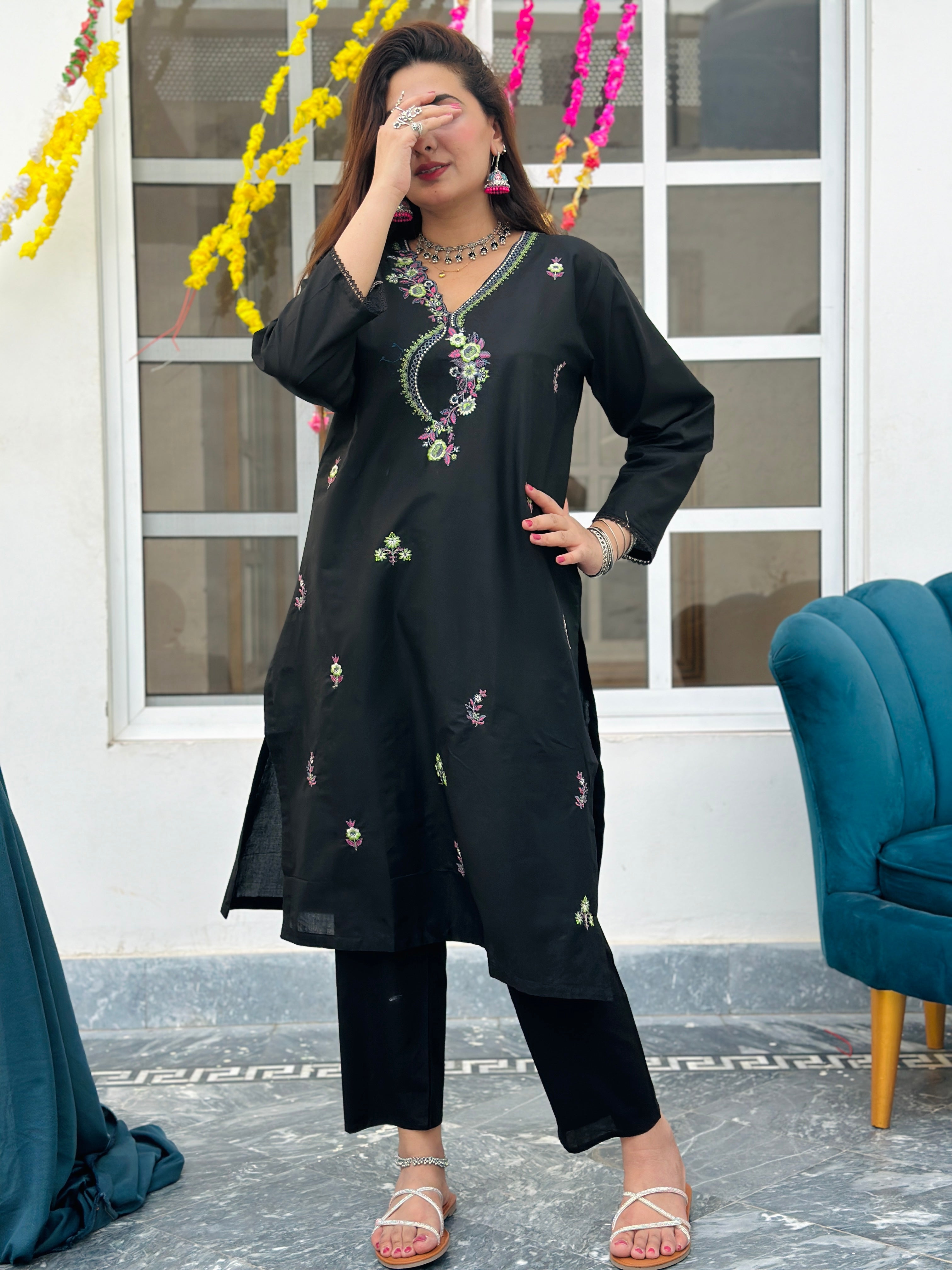 Geet long length embroidered Co ord black