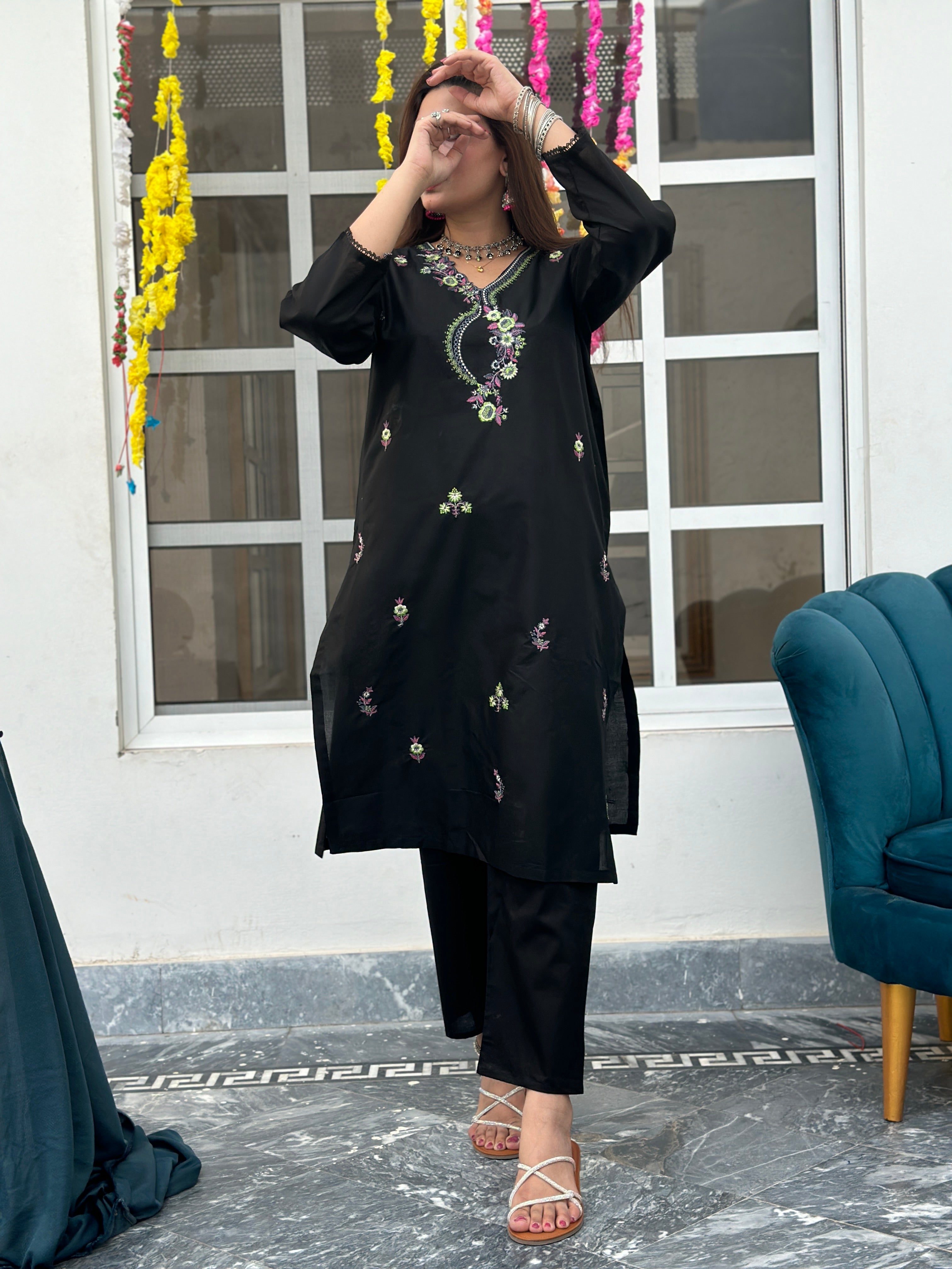 Geet long length embroidered Co ord black