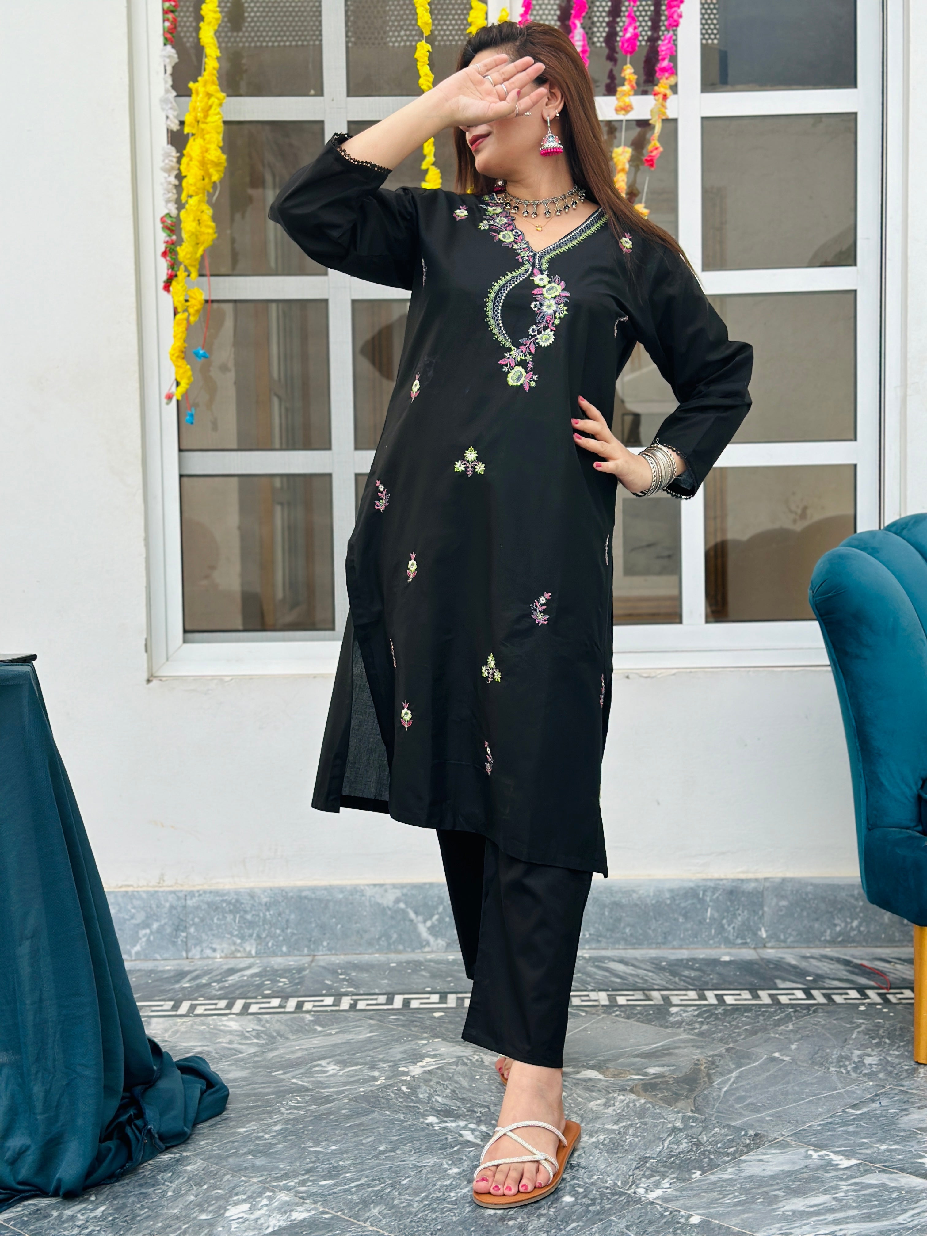 Geet long length embroidered Co ord black