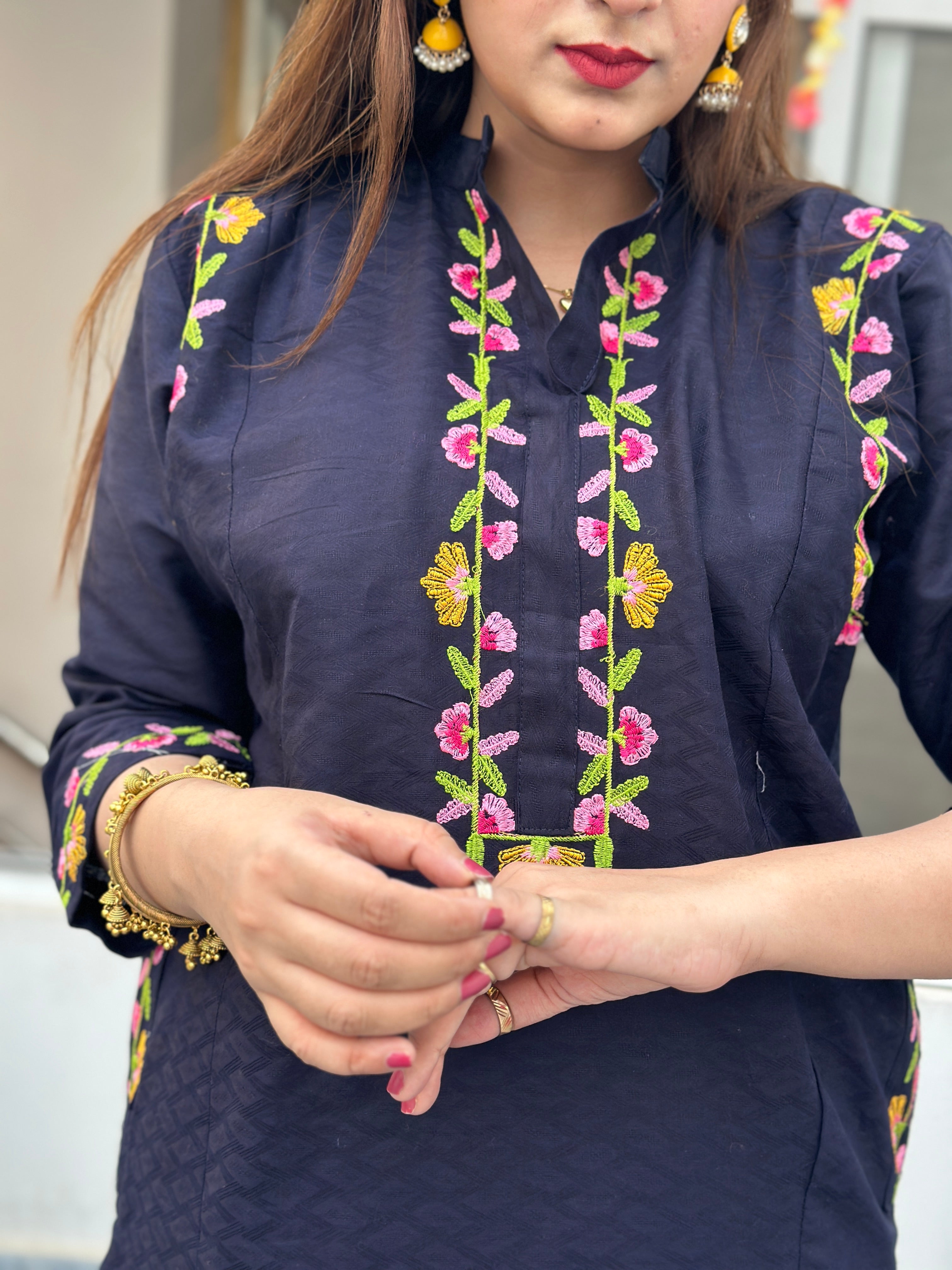 Side pockets long length embroidered Co ord blue