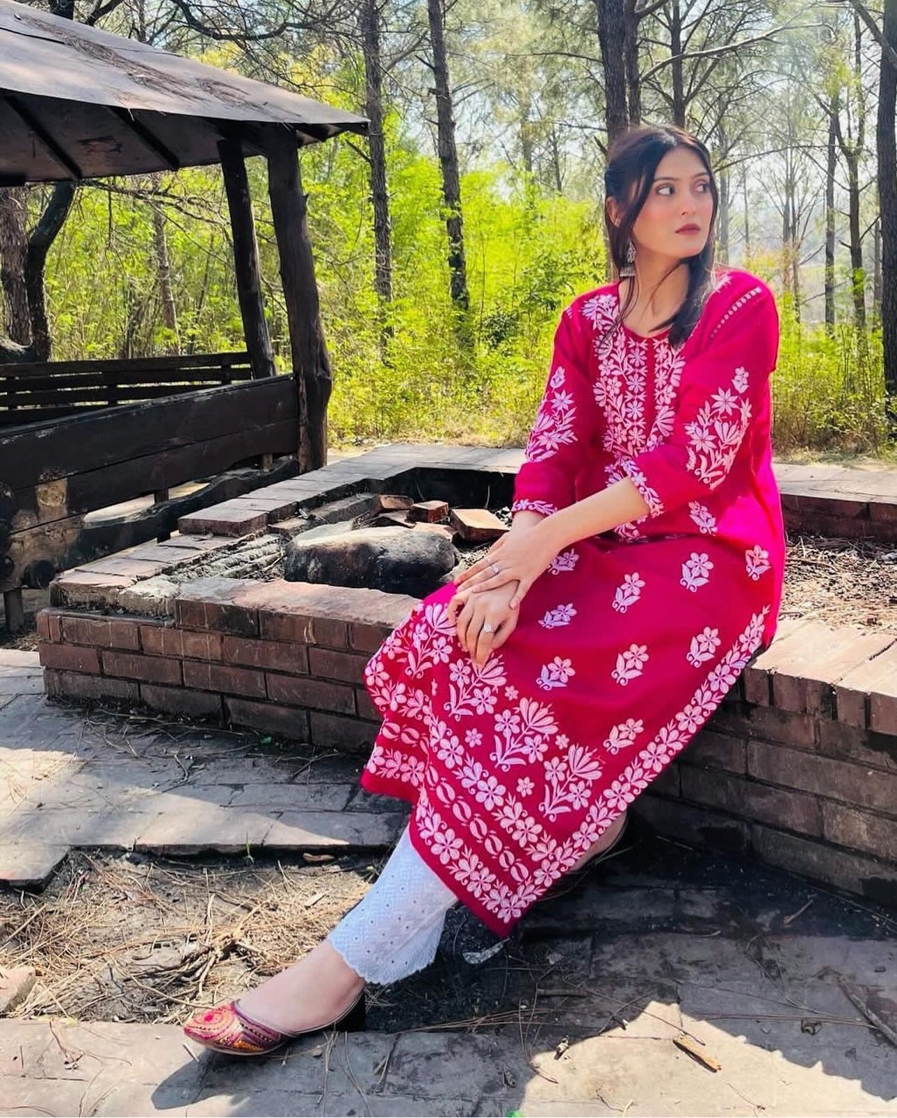 Indian chikan kari kurta pink