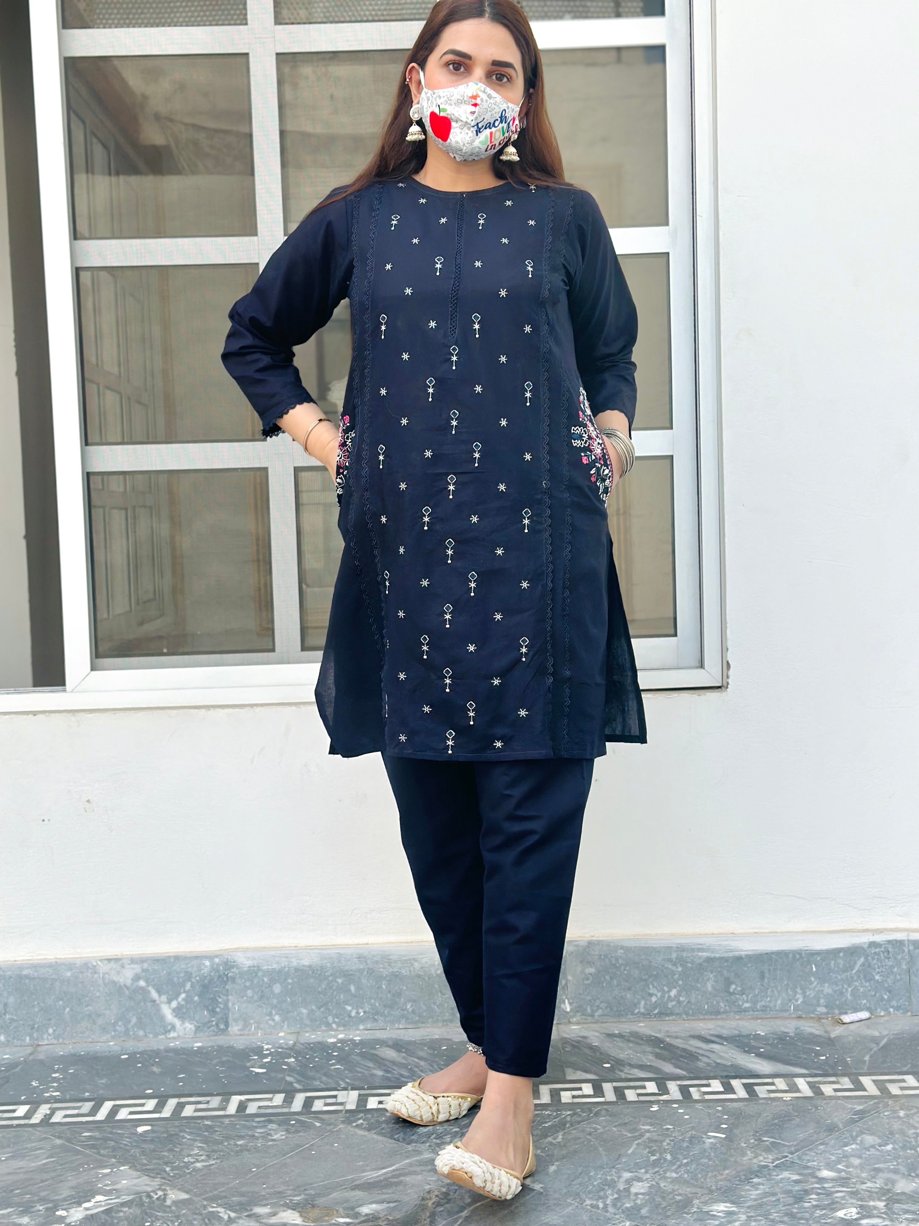 Side pockets embroidered Co ord set navy blue