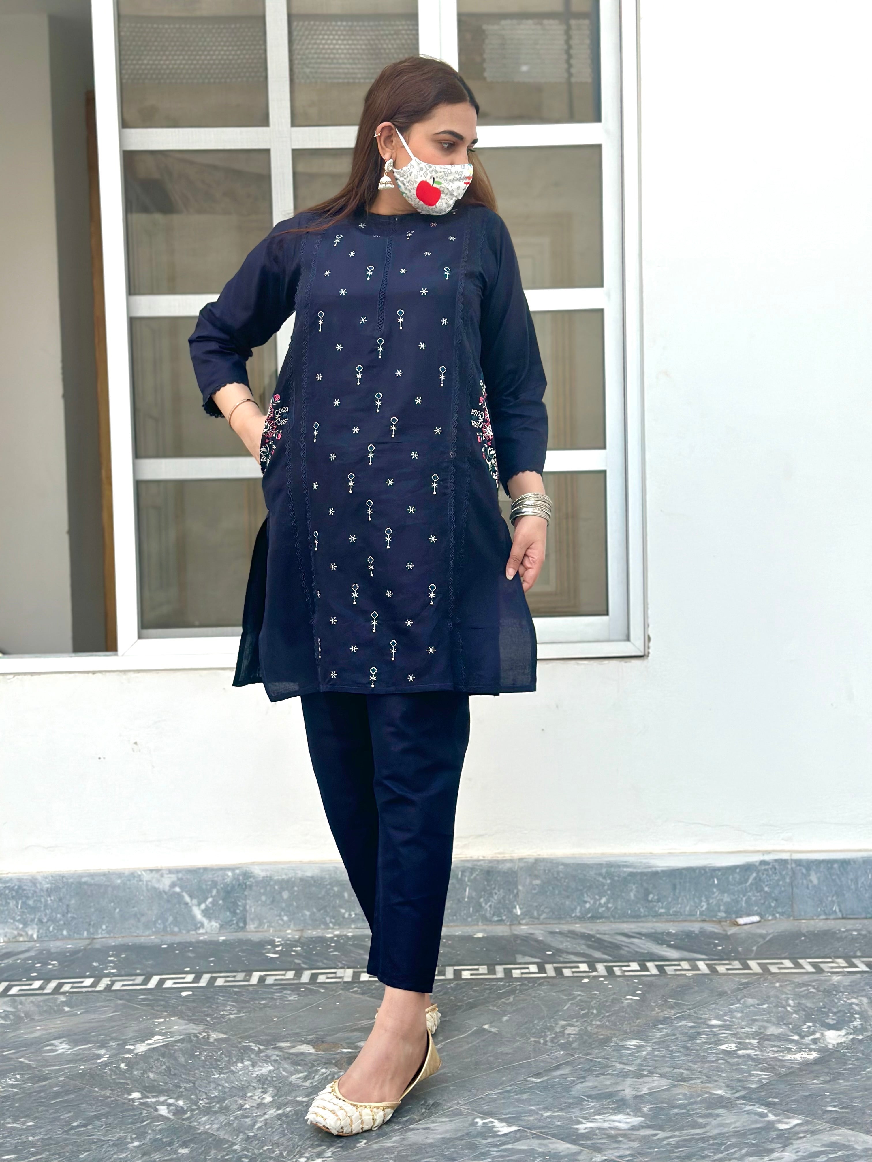 Side pockets embroidered Co ord set navy blue