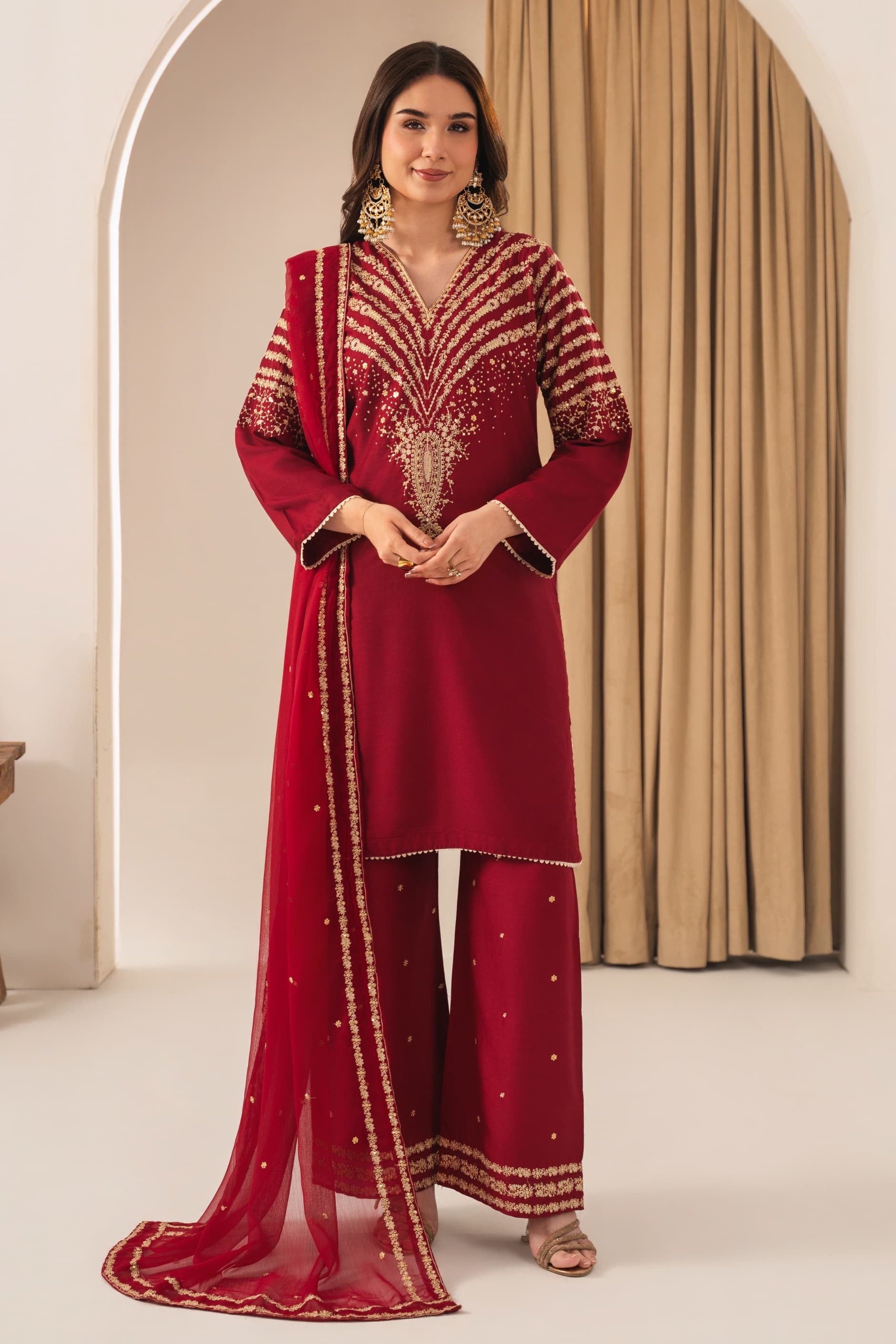 PEACOCK embroidered 3 pc Meroon – visionbabz